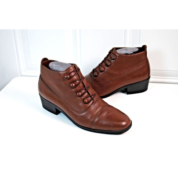 Nicole Bonsai Brown Leather Ankle Boots Button & Loop Granny Boots 8.5M US - Picture 1 of 9